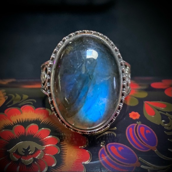 Glowing Labradorite Sterling Silver Ring 925 Vintage - Picture 15 of 15